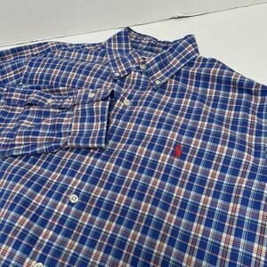 Ralph Lauren Blue‎ Plaid 100% Cotton Button Down Long Sleeved Shirt Size Large